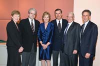 From left, Dean Mangelsdorf, Orsi, Mary Lee Duda, Fritz Duda, former Northwestern President Henry Bienen, and Provost Daniel Linzer at Orsi's inaugural lecture as the Grace Craddock Nagle Professor in Catholic Studies