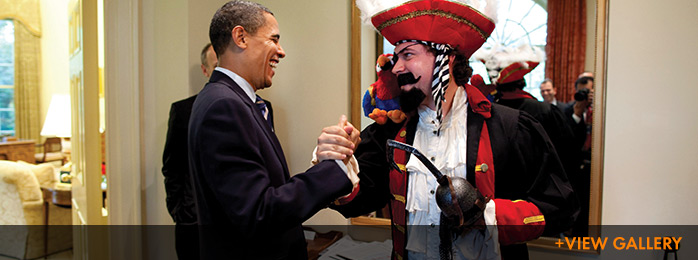 Cody Keenan dresses as a pirate to take part in a sight gag for the White House Correspondents' Dinner. Official White House Photo by Pete Souza.
