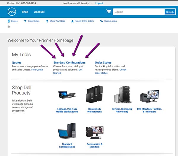 screenshot of the Dell store with an arrow pointing at the Standard Cofiguration menu
