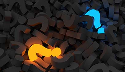 pile of black question marks with one orange and one blue question mark