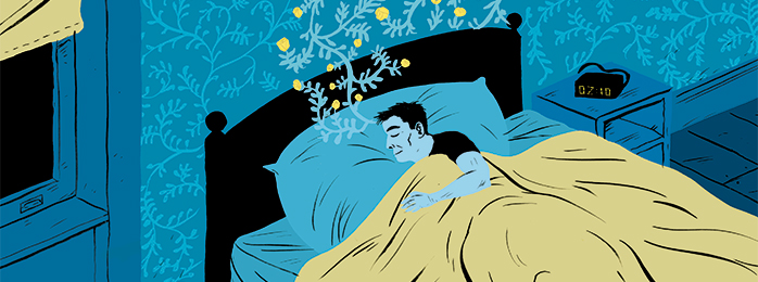 Illustration of a man sleeping in a bed.
