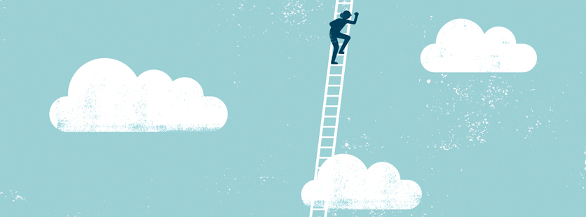 illustration of a figure climbing a ladder into clouds
